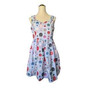 Fervour Modcloth Light Blue Fit Flare Dress Hot Air Balloon Rockabilly Retro L